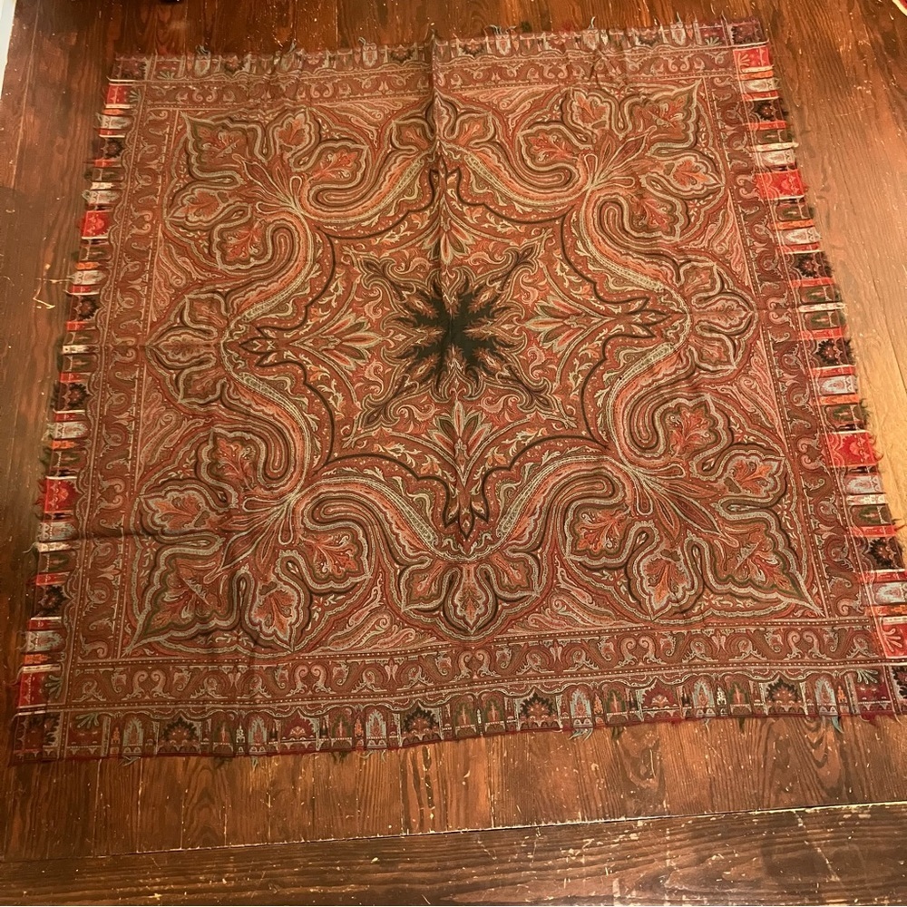 Antique Paisley Shawl Throw Victorian Kashmir Table Piano Cover 67in Square